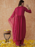 Thumbnail for Malishka Women's Pink Vichitra Silk Embroidered Straight Kurta Pant With Dupatta - Distacart