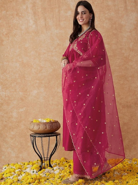 Malishka Women's Pink Vichitra Silk Embroidered Straight Kurta Pant With Dupatta - Distacart