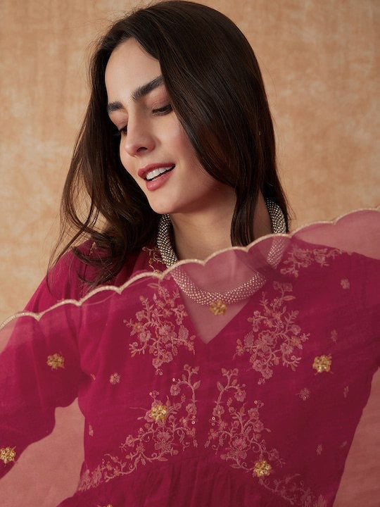 Malishka Women's Pink Vichitra Silk Embroidered Straight Kurta Pant With Dupatta - Distacart