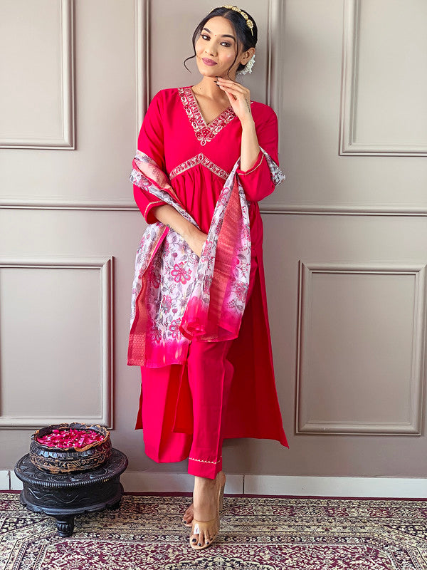 Malishka Women's Gajri Viscose Chanderi Embroidered Straight Kurta Pant With Dupatta - Distacart