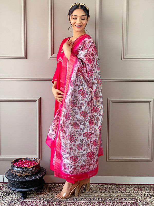 Malishka Women's Gajri Viscose Chanderi Embroidered Straight Kurta Pant With Dupatta - Distacart