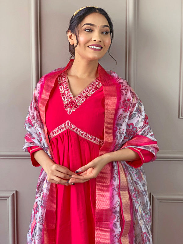 Malishka Women's Gajri Viscose Chanderi Embroidered Straight Kurta Pant With Dupatta - Distacart