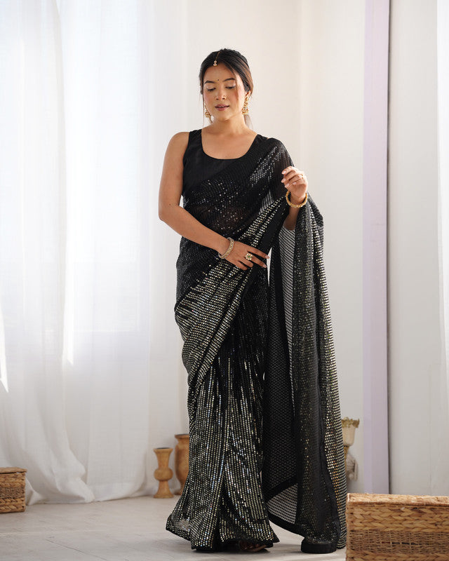 NOZ2TOZ Sequence Georgette Black Saree With Unstitched Blouse Piece - Distacart