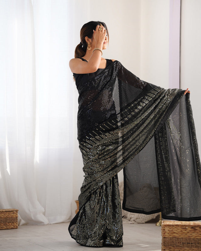 NOZ2TOZ Sequence Georgette Black Saree With Unstitched Blouse Piece - Distacart