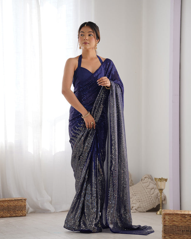 NOZ2TOZ Sequence Georgette Blue Saree With Unstitched Blouse Piece - Distacart