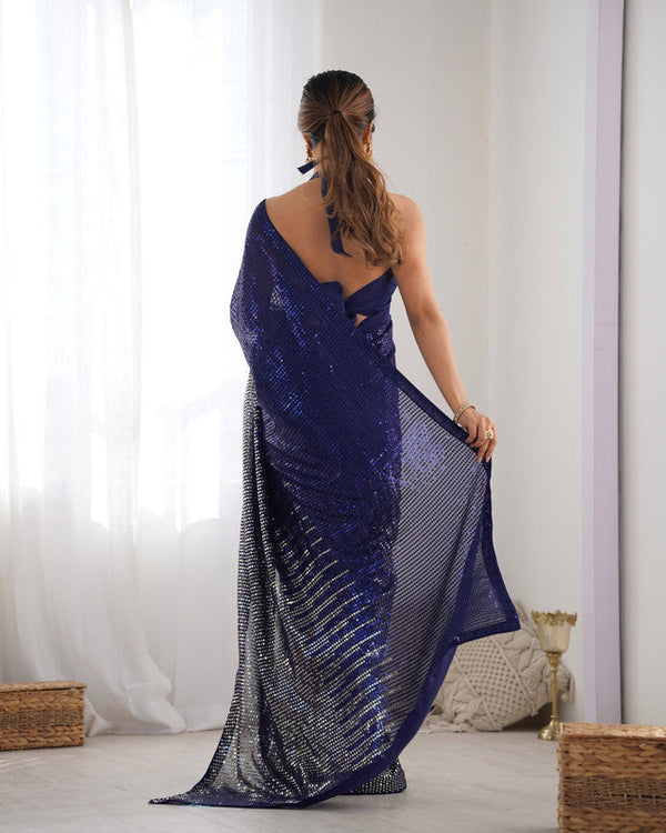 NOZ2TOZ Sequence Georgette Blue Saree With Unstitched Blouse Piece - Distacart