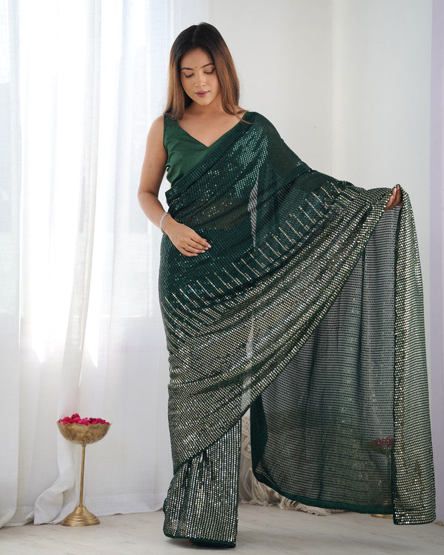 NOZ2TOZ Sequence Georgette Green Saree With Unstitched Blouse Piece - Distacart