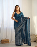 Thumbnail for NOZ2TOZ Sequence Georgette Petrol Saree With Unstitched Blouse Piece - Distacart
