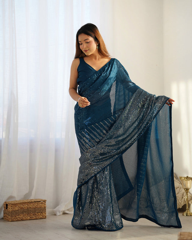 NOZ2TOZ Sequence Georgette Petrol Saree With Unstitched Blouse Piece - Distacart