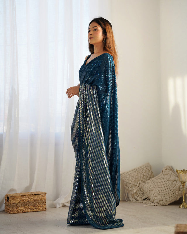 NOZ2TOZ Sequence Georgette Petrol Saree With Unstitched Blouse Piece - Distacart