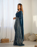 Thumbnail for NOZ2TOZ Sequence Georgette Petrol Saree With Unstitched Blouse Piece - Distacart