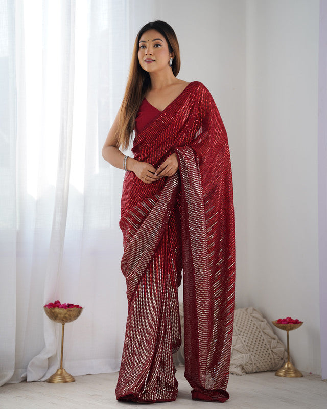 NOZ2TOZ Sequence Georgette Red Saree With Unstitched Blouse Piece - Distacart