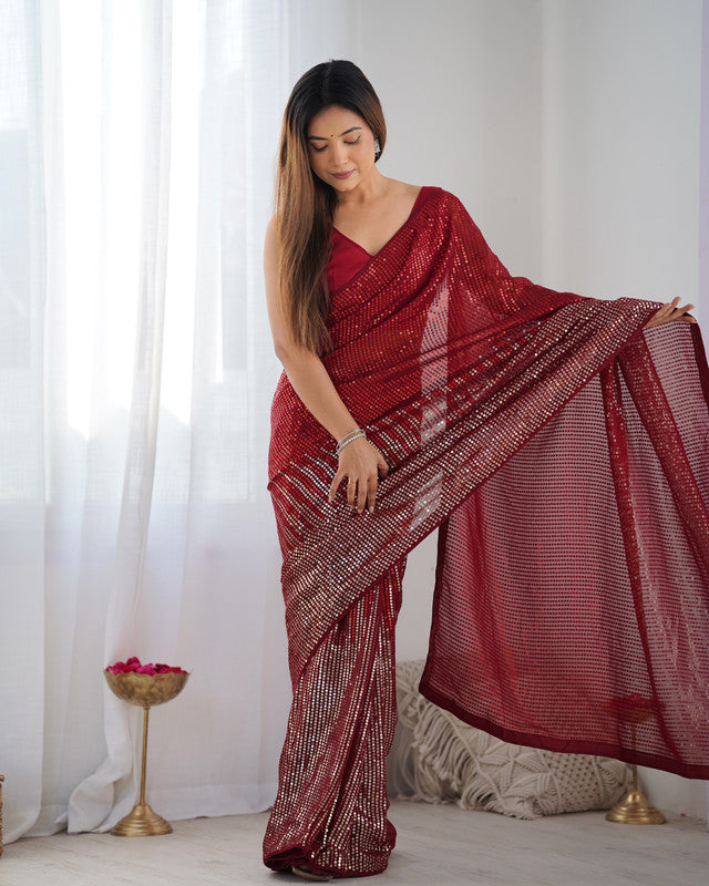 NOZ2TOZ Sequence Georgette Red Saree With Unstitched Blouse Piece - Distacart