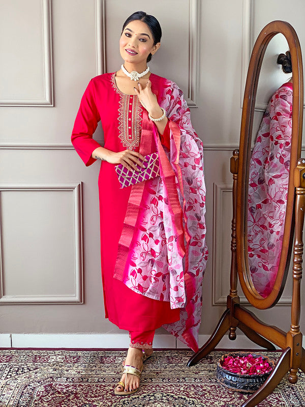 Malishka Women's Pink Viscose Chanderi Embroidered Straight Kurta Pant With Dupatta - Distacart