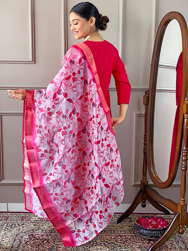 Malishka Women's Pink Viscose Chanderi Embroidered Straight Kurta Pant With Dupatta - Distacart