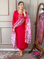Thumbnail for Malishka Women's Pink Viscose Chanderi Embroidered Straight Kurta Pant With Dupatta - Distacart
