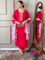Thumbnail for Malishka Women's Pink Viscose Chanderi Embroidered Straight Kurta Pant With Dupatta - Distacart