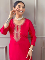 Thumbnail for Malishka Women's Pink Viscose Chanderi Embroidered Straight Kurta Pant With Dupatta - Distacart