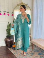 Thumbnail for Malishka Women's Rama Viscose Chanderi Embroidered Straight Kurta Pant With Dupatta