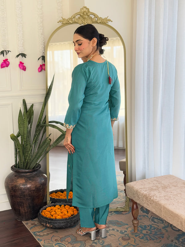 Malishka Women's Rama Viscose Chanderi Embroidered Straight Kurta Pant With Dupatta