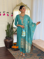 Thumbnail for Malishka Women's Rama Viscose Chanderi Embroidered Straight Kurta Pant With Dupatta