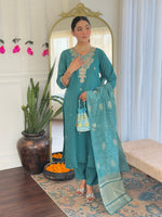 Thumbnail for Malishka Women's Rama Viscose Chanderi Embroidered Straight Kurta Pant With Dupatta