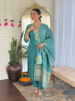 Thumbnail for Malishka Women's Rama Viscose Chanderi Embroidered Straight Kurta Pant With Dupatta