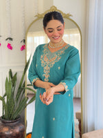 Thumbnail for Malishka Women's Rama Viscose Chanderi Embroidered Straight Kurta Pant With Dupatta