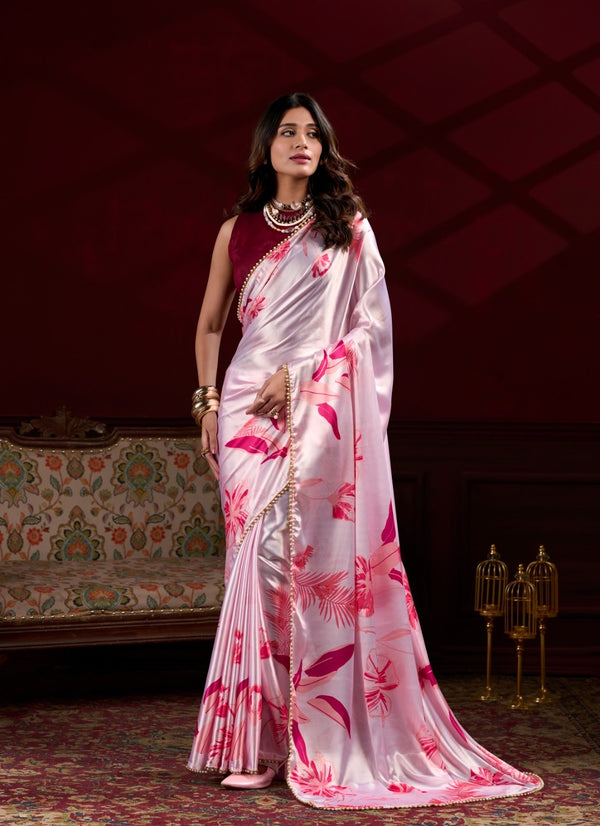 Avantini Satin Silk Digital Print Ready To Wear Saree With Blouse Piece - Pink