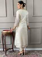 Thumbnail for Malishka Women's Cream Viscose Chanderi Embroidered Straight Kurta Pant With Dupatta - Distacart