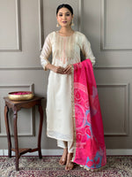 Thumbnail for Malishka Women's Cream Viscose Chanderi Embroidered Straight Kurta Pant With Dupatta - Distacart
