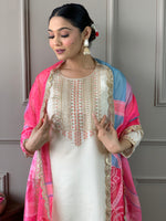 Thumbnail for Malishka Women's Cream Viscose Chanderi Embroidered Straight Kurta Pant With Dupatta - Distacart
