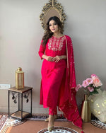 Thumbnail for Malishka Women's Red Rayon Slub Embroidered Straight Kurta Pant With Dupatta - Distacart