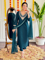 Thumbnail for Malishka Women's Teal Viscose Chanderi Embroidered Straight Kurta Pant With Dupatta - Distacart