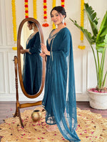 Thumbnail for Malishka Women's Teal Viscose Chanderi Embroidered Straight Kurta Pant With Dupatta - Distacart