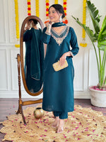 Thumbnail for Malishka Women's Teal Viscose Chanderi Embroidered Straight Kurta Pant With Dupatta - Distacart