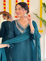 Thumbnail for Malishka Women's Teal Viscose Chanderi Embroidered Straight Kurta Pant With Dupatta - Distacart