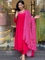 Thumbnail for Malishka Women's Gajri Viscose Silk Embroidered Flared Kurta Pant With Dupatta - Distacart