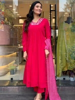 Thumbnail for Malishka Women's Gajri Viscose Silk Embroidered Flared Kurta Pant With Dupatta - Distacart