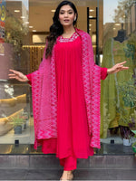 Thumbnail for Malishka Women's Gajri Viscose Silk Embroidered Flared Kurta Pant With Dupatta - Distacart
