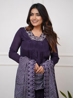 Thumbnail for Malishka Women's Wine Viscose Silk Embroidered Flared Kurta Pant With Dupatta - Distacart