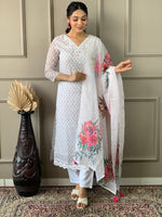 Thumbnail for Malishka Women's Off White Linen Cotton Embroidered Straight Kurta Pant With Dupatta - Distacart