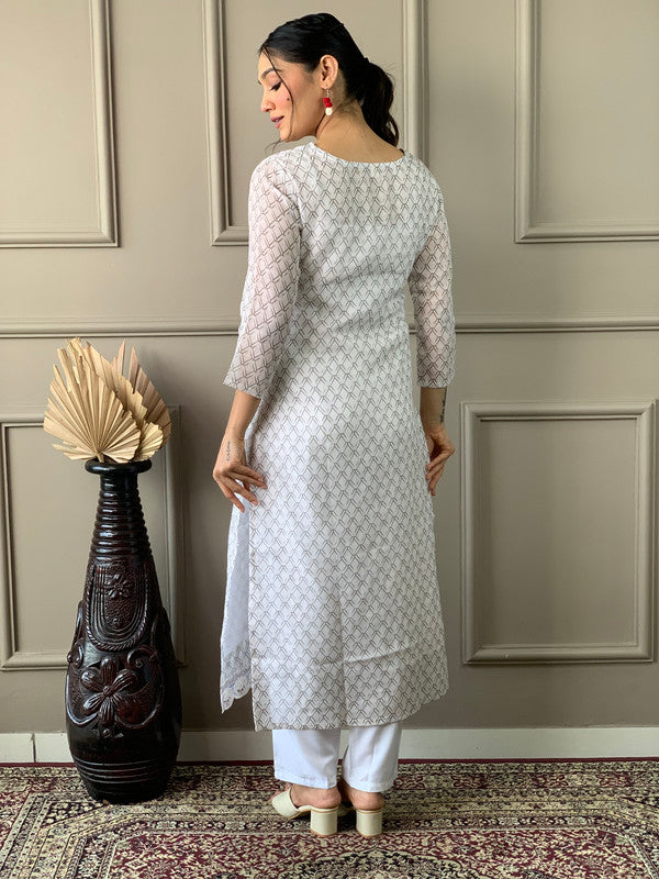 Malishka Women's Off White Linen Cotton Embroidered Straight Kurta Pant With Dupatta - Distacart