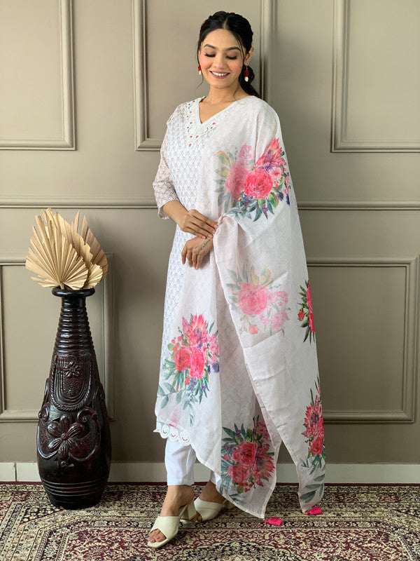 Malishka Women's Off White Linen Cotton Embroidered Straight Kurta Pant With Dupatta - Distacart