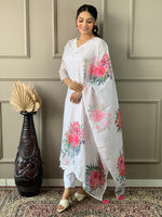 Thumbnail for Malishka Women's Off White Linen Cotton Embroidered Straight Kurta Pant With Dupatta - Distacart