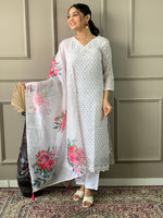 Thumbnail for Malishka Women's Off White Linen Cotton Embroidered Straight Kurta Pant With Dupatta - Distacart