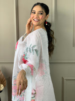 Thumbnail for Malishka Women's Off White Linen Cotton Embroidered Straight Kurta Pant With Dupatta - Distacart