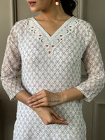 Thumbnail for Malishka Women's Off White Linen Cotton Embroidered Straight Kurta Pant With Dupatta - Distacart