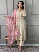 Thumbnail for Malishka Women's Chiku Viscose Chanderi Embroidered Straight Kurta Pant With Dupatta - Distacart