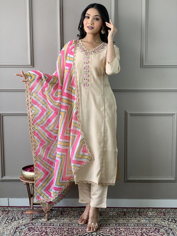 Malishka Women's Chiku Viscose Chanderi Embroidered Straight Kurta Pant With Dupatta - Distacart